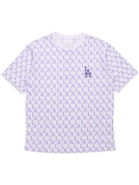 NWOT MLB LA DODGERS White Purple Monogram Logo Cotton Crew Neck T-Shirt, Size XS